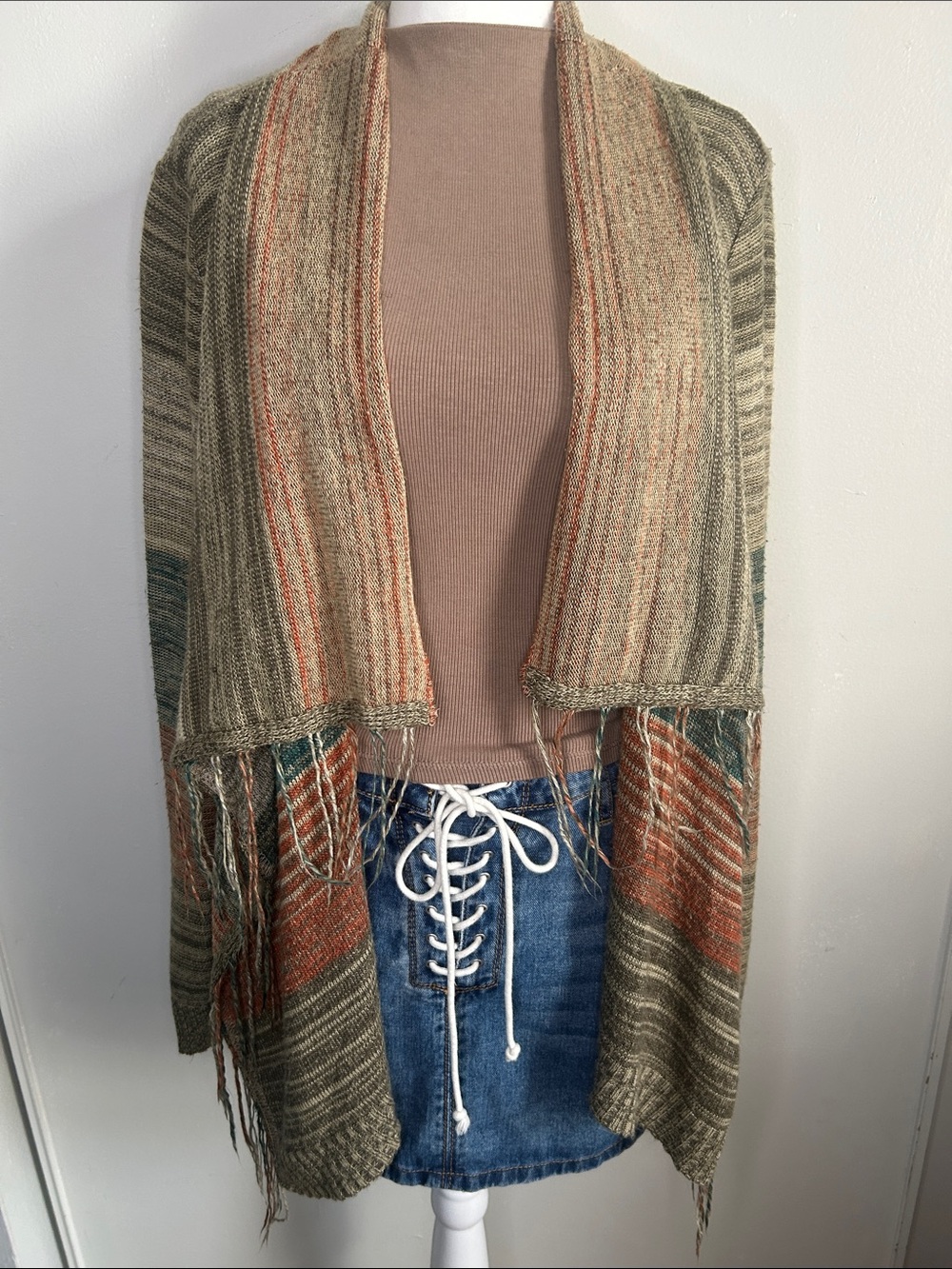 Full Tilt Olive, Tan & Rust Striped Fringe Open-Front Knit Cardigan Sweater